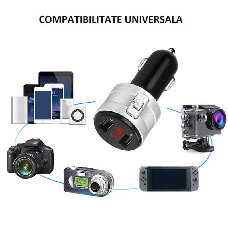 Adaptor Car Kit FM handsfree Edman BK04, Bluetooth 5.0, 2xUSB, Gri