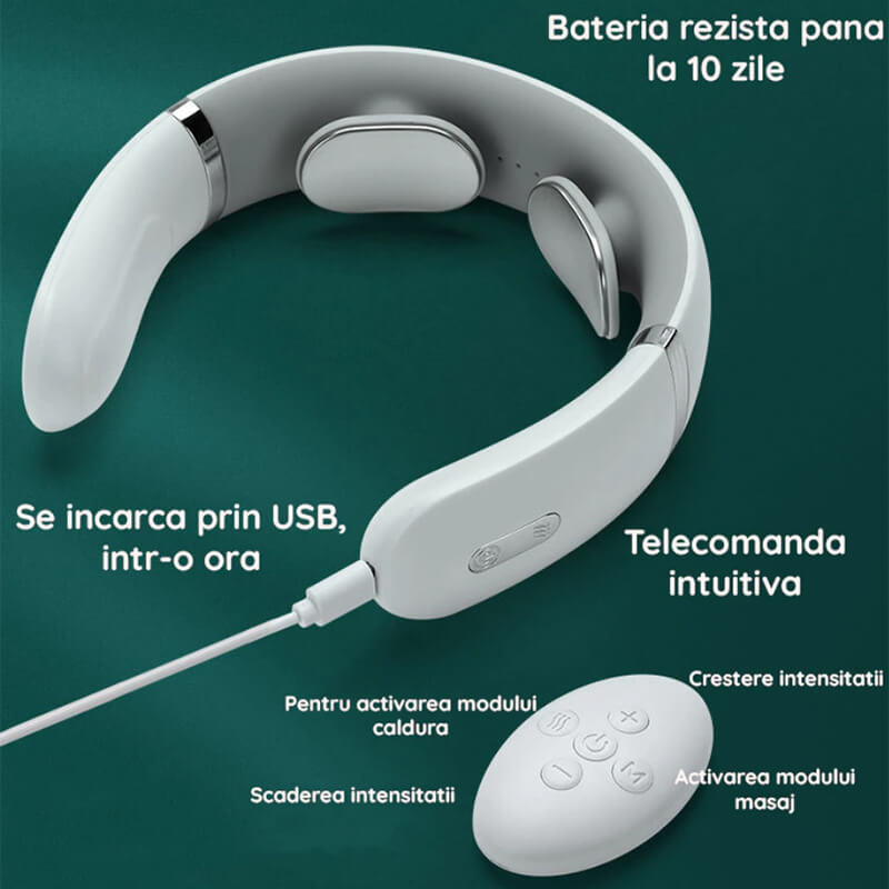 Aparat masaj cervical cu impulsuri electromagnetice, cu incalzire, portabil, 3 moduri de masaj, 15 nivele de intensitate, USB, telecomanda, Edman, Alb