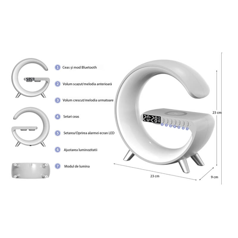Lampa inteligenta Edman RGB, cu incarcare rapida, fara fir, difuzoare, afisaj digital, alarma, control prin aplicatie, Gri