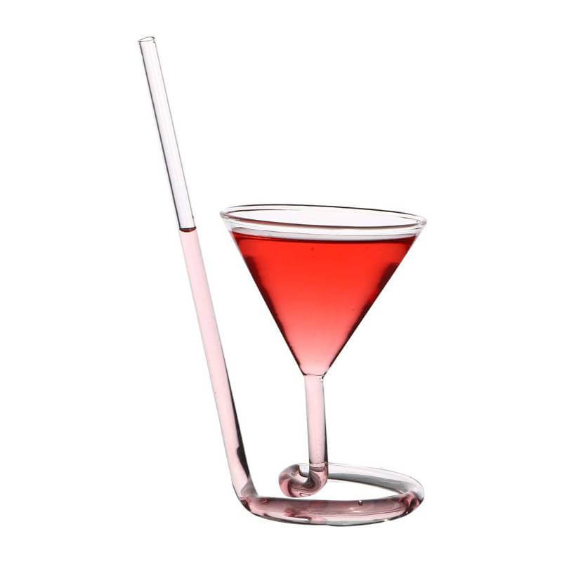 Pahar creativ de sticla Edman Martini, cu pai incorporat, sticla termorezistenta, 190ml, Roz