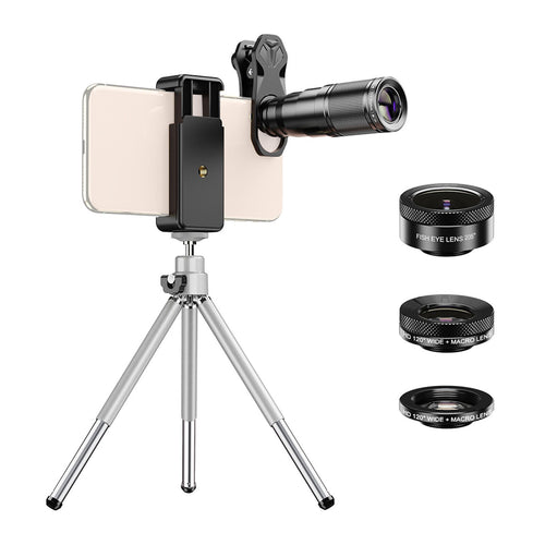 Set 4 in 1 lentile profesionale smartphone Apexel APL-22X105-4IN1, Obiectiv telephoto 22x, 205gr Fisheye, 120gr Wide, 25X Macro, Mini trepied, Clema de prindere