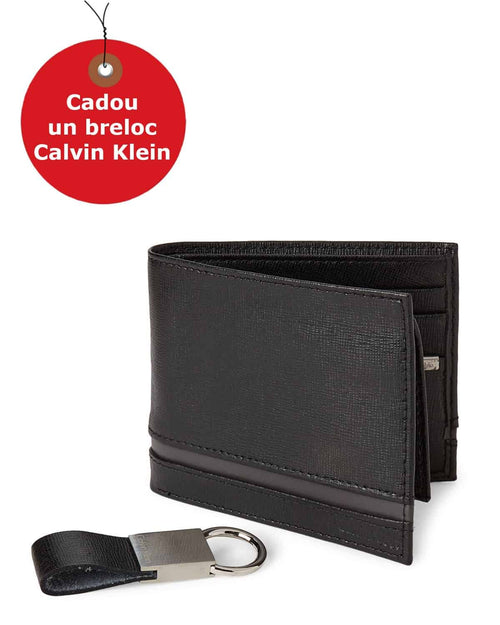 Set Portofel si Breloc Calvin Klein Black Leather Passcase Wallet & Twist Key Fob Set, din piele, Negru