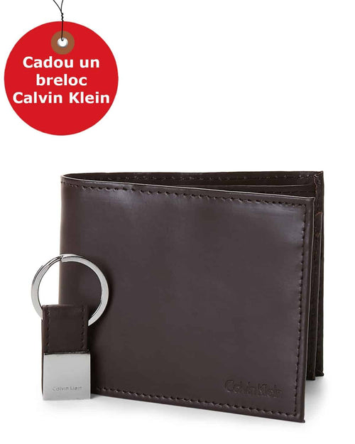 Set Portofel si Breloc Calvin Klein Two-Piece Black Leather Billfold Wallet & Key Fob Set, din piele, Maro