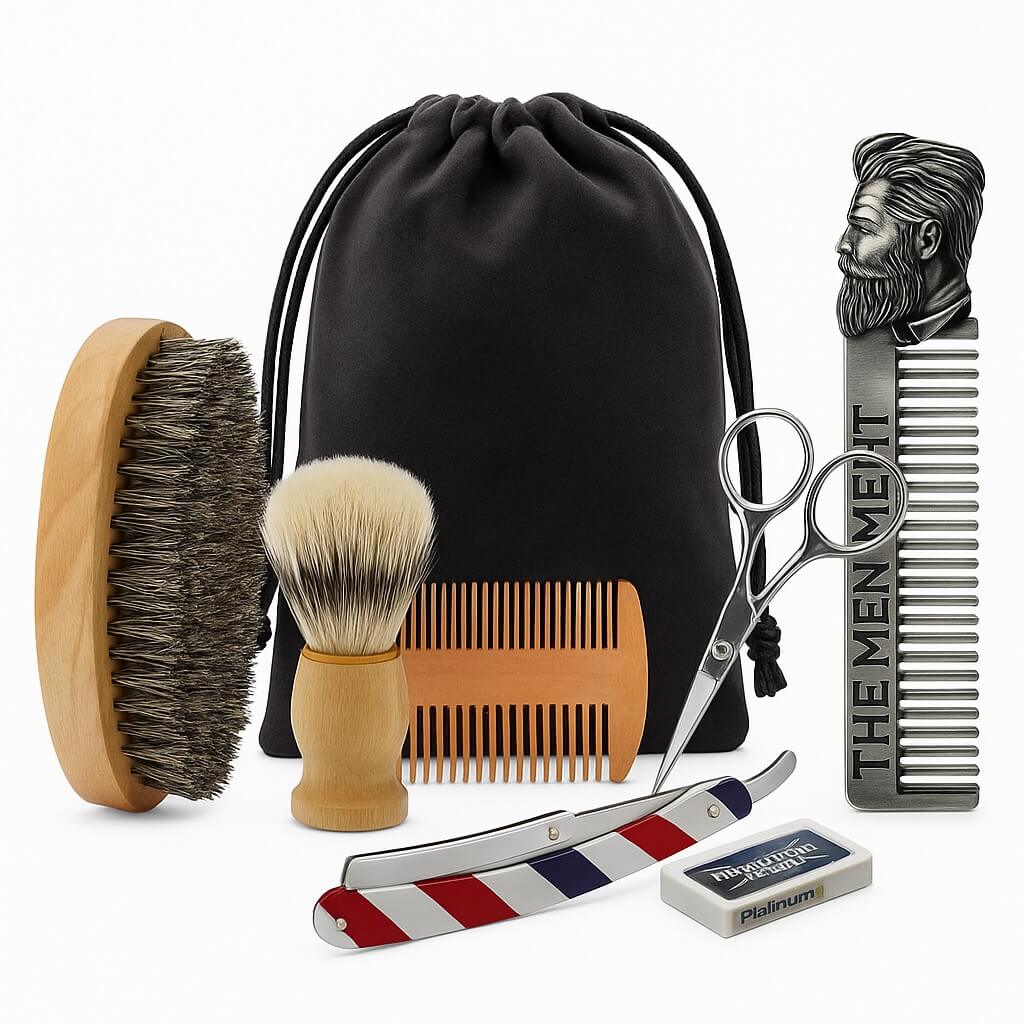 Set ingrijire barba, Kit grooming potrivit pentru orice barbat, contine perie, pieptene, foarfeca, saculet de transport, brici, 6 piese