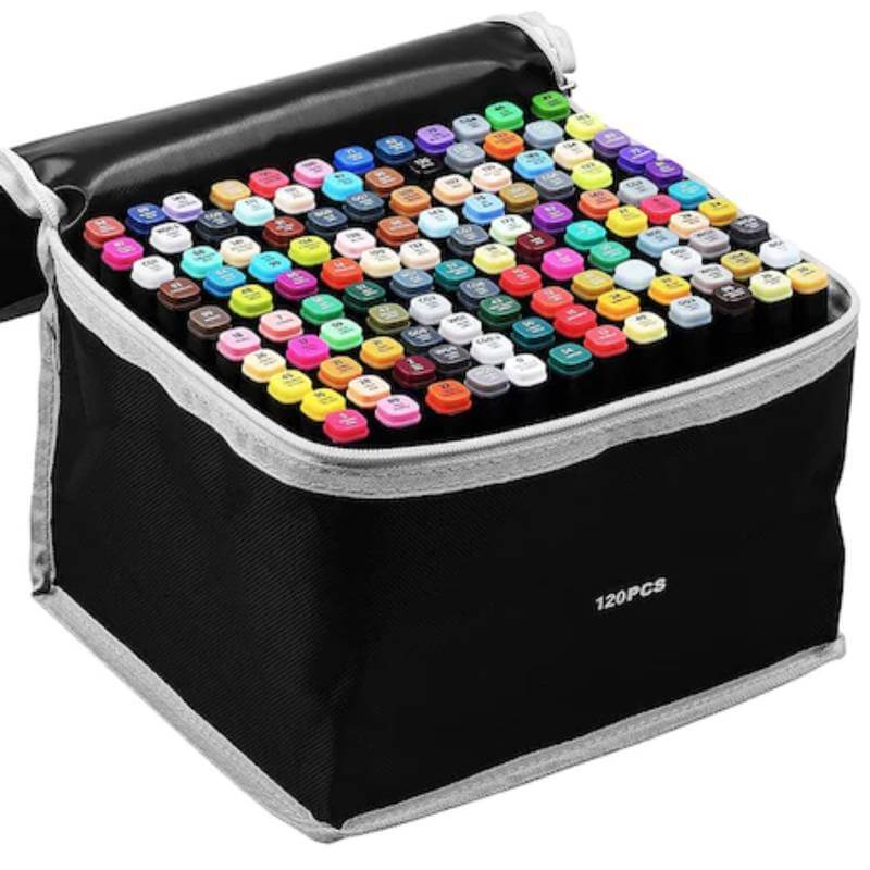 Set 120 markere Edman, Varf subtire si gros, cu suport baza, Geanta depozitare, Multicolor