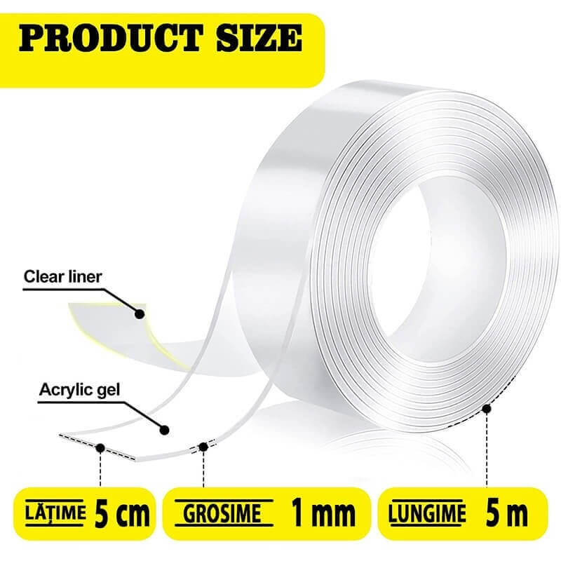 Banda dublu adeziva puternica cu Tehnologie Nano, Edman, Transparenta, Siliconica, Rezistenta la apa, Reutilizabila, Nu lasa urme, Grosime 1mm, Latime 5 cm, Lungime 5m