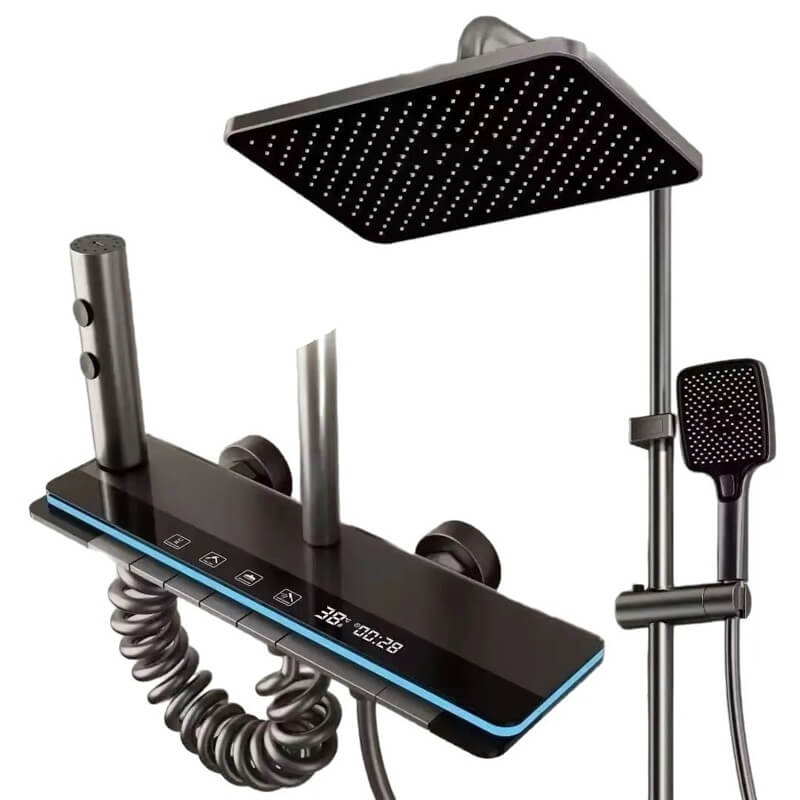 Baterie dus Edman cu afisaj temperatura, LED, sistem Soft Rainfall si jeturi masaj, Negru/Crom