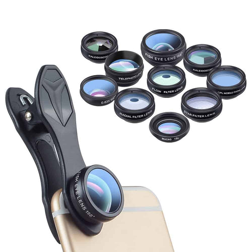 Set lentile 10 in 1 profesionale pentru telefoane si tablete Apexel DG10 - 10 in 1, prindere filet 17mm, Fisheye, Macro 15x, Wide, Telescope 2x, Kaleidoscope, CPL, Flow, Radial, Star, cu clip universal