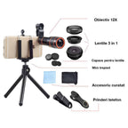 Set 4 in 1 lentile profesionale smartphone Apexel APL-HS12XDG3ZJ, prindere filet 17mm, Obiectiv zoom 12x, Fisheye, Macro, Wide, Mini trepied pentru telefoane, cu clema de prindere inclusa