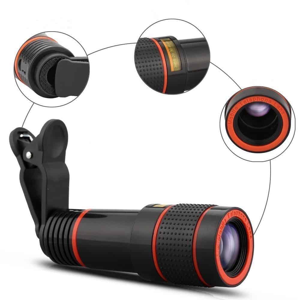 Set 4 in 1 lentile profesionale smartphone Apexel APL-HS12XDG3ZJ, prindere filet 17mm, Obiectiv zoom 12x, Fisheye, Macro, Wide, Mini trepied pentru telefoane, cu clema de prindere inclusa