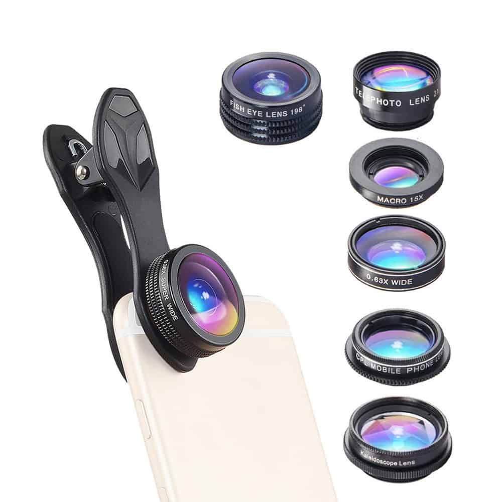 Set lentile 7 in 1 profesionale Apexel DG7, prindere filet 17mm, 7 in 1 Super Wide, Telephoto, Macro, Fisheye, CPL, Caleidoscop cu clip universal pentru camera foto, telefoane sau tablete