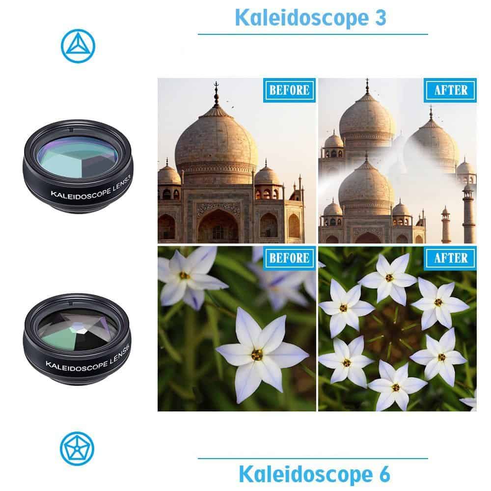 Set lentile 10 in 1 profesionale pentru telefoane si tablete Apexel DG10 - 10 in 1, prindere filet 17mm, Fisheye, Macro 15x, Wide, Telescope 2x, Kaleidoscope, CPL, Flow, Radial, Star, cu clip universal