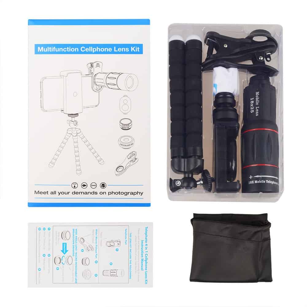 Set lentile 4 in 1 profesionale Apexel APL-T18BZJ5 - 4 in 1 Telecomanda, Obiectiv 18x, 0.63x Wide + Macro 15X, FishEye 198 grade, cu clip universal pentru camera foto, telefoane sau tablete