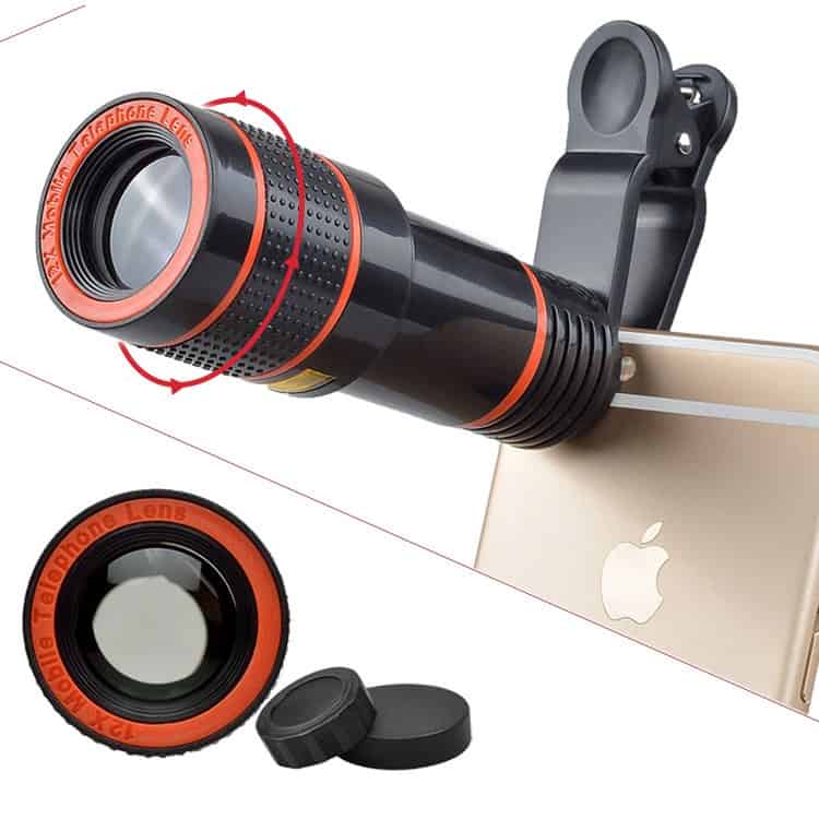 Set 4 in 1 lentile profesionale smartphone Apexel APL-HS12XDG3ZJ, prindere filet 17mm, Obiectiv zoom 12x, Fisheye, Macro, Wide, Mini trepied pentru telefoane, cu clema de prindere inclusa
