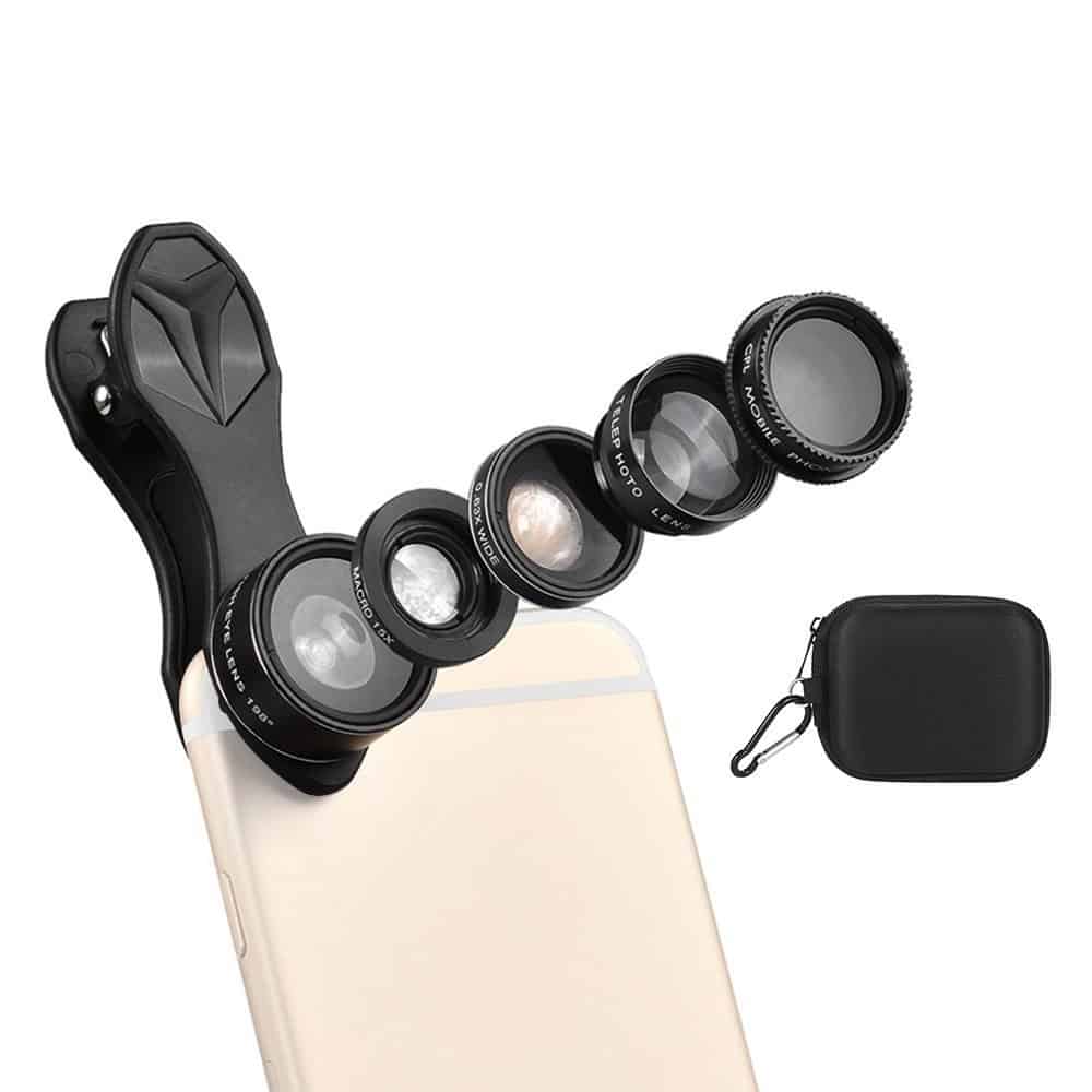 Set 5 in 1 lentile profesionale smartphone Apexel DG5, prindere filet 17mm, Macro, Fish-eye, Wide Angle, Telescope si CPL, lentile foto telefon mobil pentru Samsung iPhone, Xiaomi, Huawei