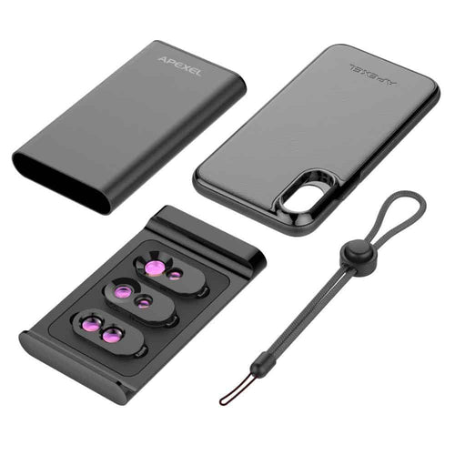 Resigilat: Set 6 in 1 lentile profesionale smartphone Apexel - Wide Angle, Fisheye & Dual Macro, carcasa lentile foto telefon mobil pentru iPhone, X, XS