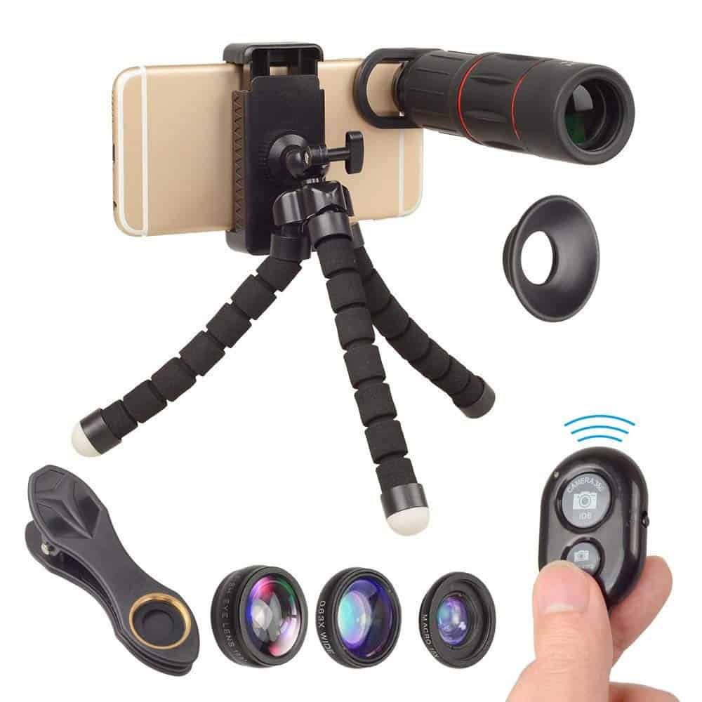 Set lentile 4 in 1 profesionale Apexel APL-T18BZJ5 - 4 in 1 Telecomanda, Obiectiv 18x, 0.63x Wide + Macro 15X, FishEye 198 grade, cu clip universal pentru camera foto, telefoane sau tablete