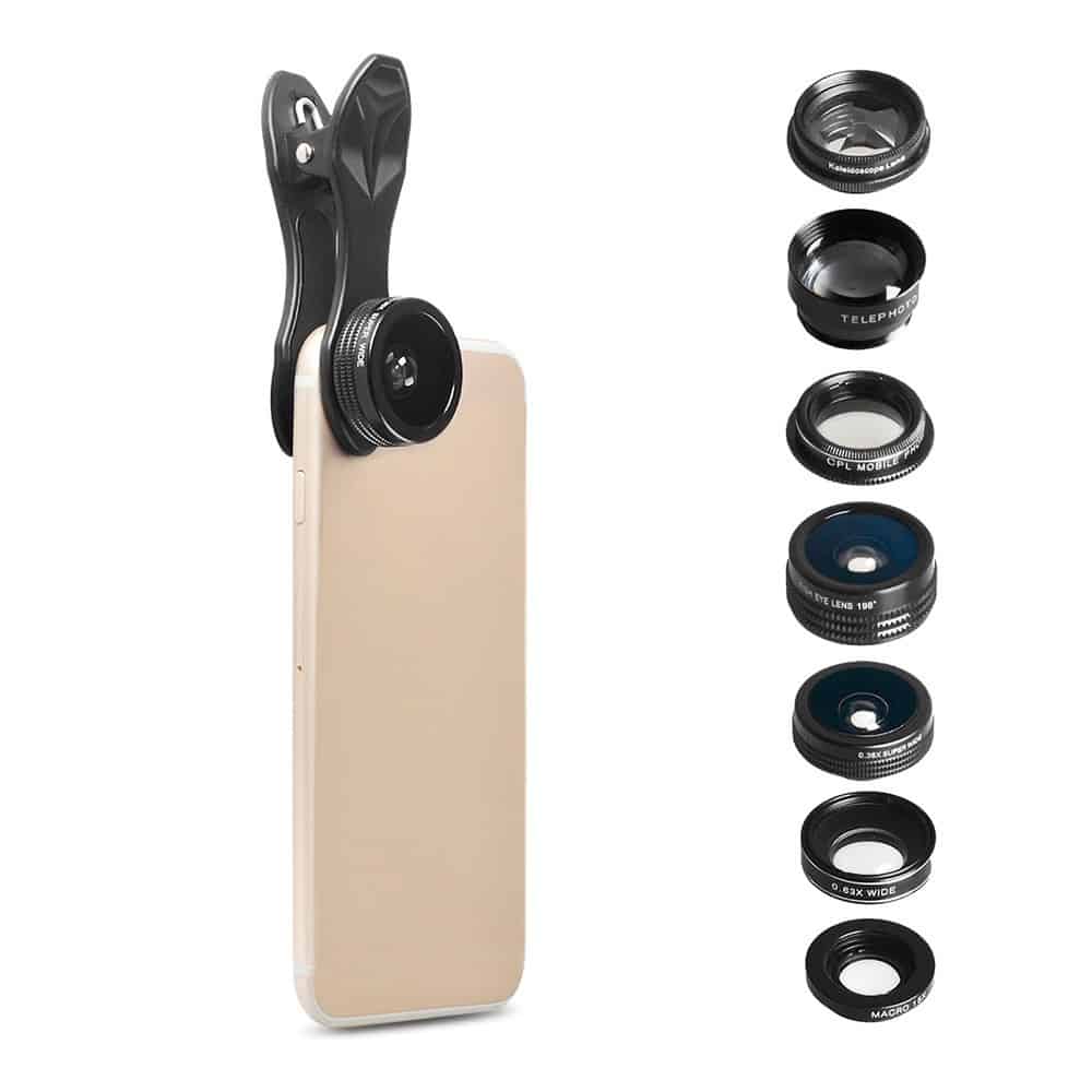 Set lentile 7 in 1 profesionale Apexel DG7, prindere filet 17mm, 7 in 1 Super Wide, Telephoto, Macro, Fisheye, CPL, Caleidoscop cu clip universal pentru camera foto, telefoane sau tablete