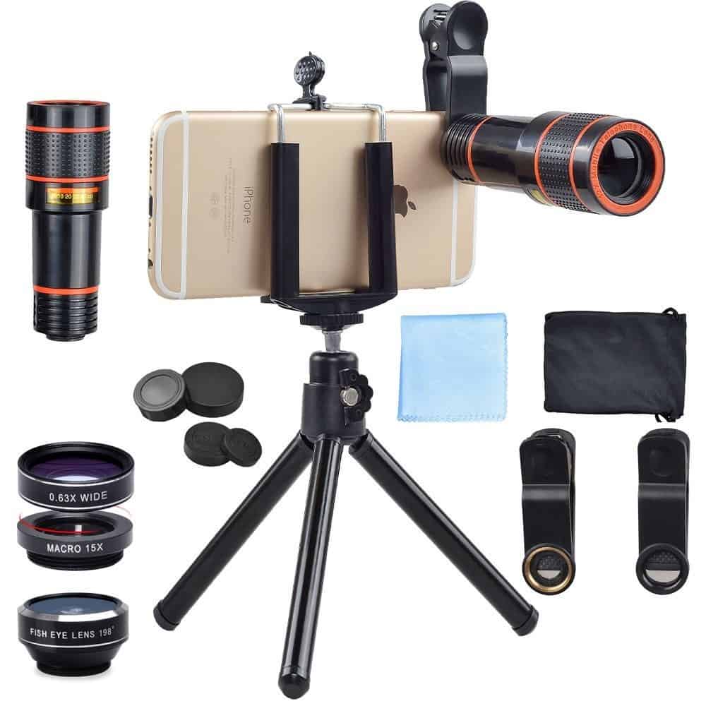 Set 4 in 1 lentile profesionale smartphone Apexel APL-HS12XDG3ZJ, prindere filet 17mm, Obiectiv zoom 12x, Fisheye, Macro, Wide, Mini trepied pentru telefoane, cu clema de prindere inclusa