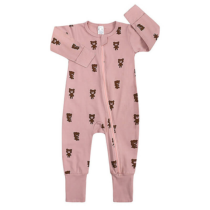 Salopeta pijama Edman bebe/copii Teddybear cu maneca lunga, fermoar reversibil, bumbac, 6-12 luni, Roz pal